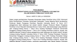 Tangkapan Layar Pengumuman seleksi calon anggota Panwaslu Kecamatan untuk pemilihan Gubernur dan wakil Gubernur dan Bupati dan Wakil Bupati pada Kabupaten Tulang Bawang Barat tahun 2024