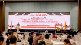 Ketua Bawaslu Provinsi Lampung, Iskardo P. Panggar, menyampaikan apresiasi kepada seluruh pihak, termasuk Kepala Kepolisian Daerah Lampung, Kepala Kejaksaan Tinggi Lampung, dan Pemerintah Daerah Provinsi Lampung. Foto : Bawaslu Lampung