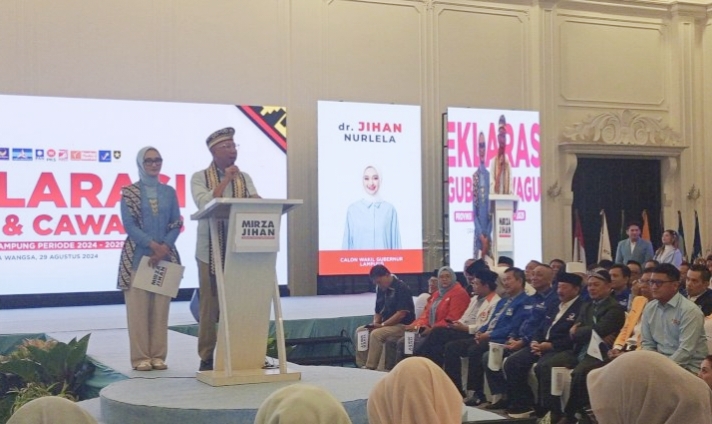 Pasangan Rahmat Mirzani Djausal dan Jihan Nurlela secara resmi mendeklarasikan diri sebagai calon Gubernur dan Wakil Gubernur Lampung. Foto : Wildanhanafi/berandalappung.com