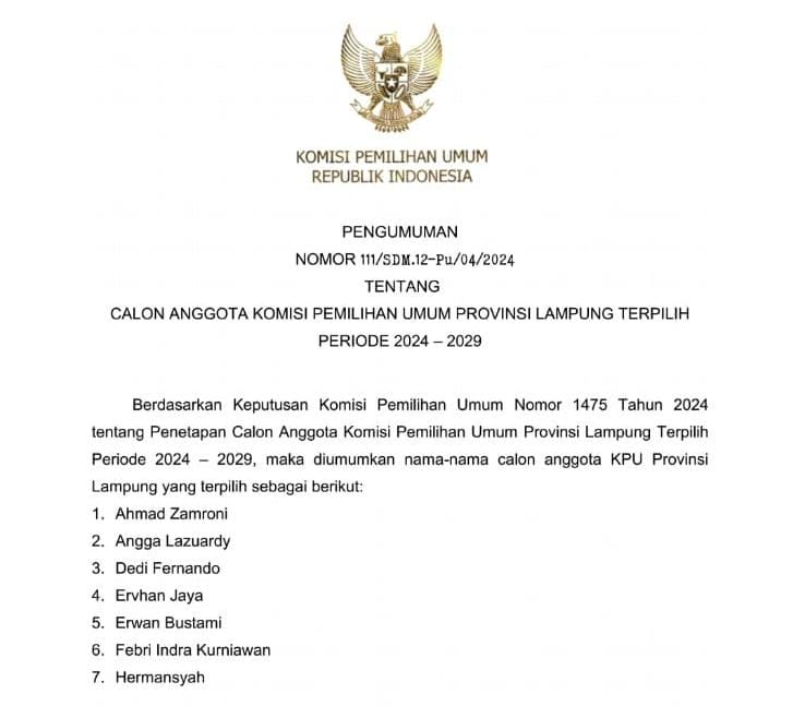Tangkap Layar SK pengumuman anggota KPU Lampung Terpilih periode 2024-2029. 