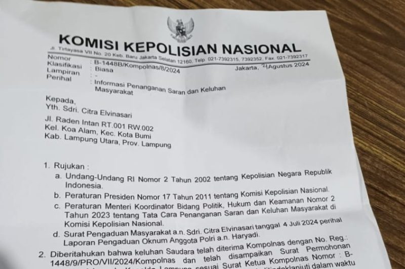 Citra Elvina Sari (31), melaporkan dugaan tindak pidana penipuan dan penggelapan kepada Polda Lampung. 