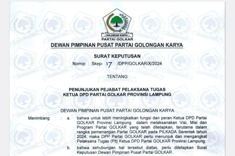 Dewan Pimpinan Pusat (DPP) Golkar menunjuk Adies Kadir sebagai Plt. Ketua DPD Golkar Lampung menggantikan Arinal Djunaidi.