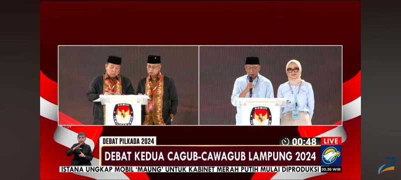Debat publik Pilgub Lampung kedua, dua paslon  menjawab pertanyaan dari panelis mengenai masalah korupsi dan distribusi bantuan sosial. Dok: Tangkap Layar