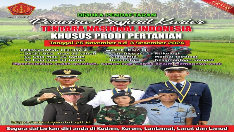 TNI memberikan kesempatan kepada lulusan sarjana bidang pertanian (D4, S1, S2, S3) untuk bergabung sebagai Perwira Prajurit Karier. 